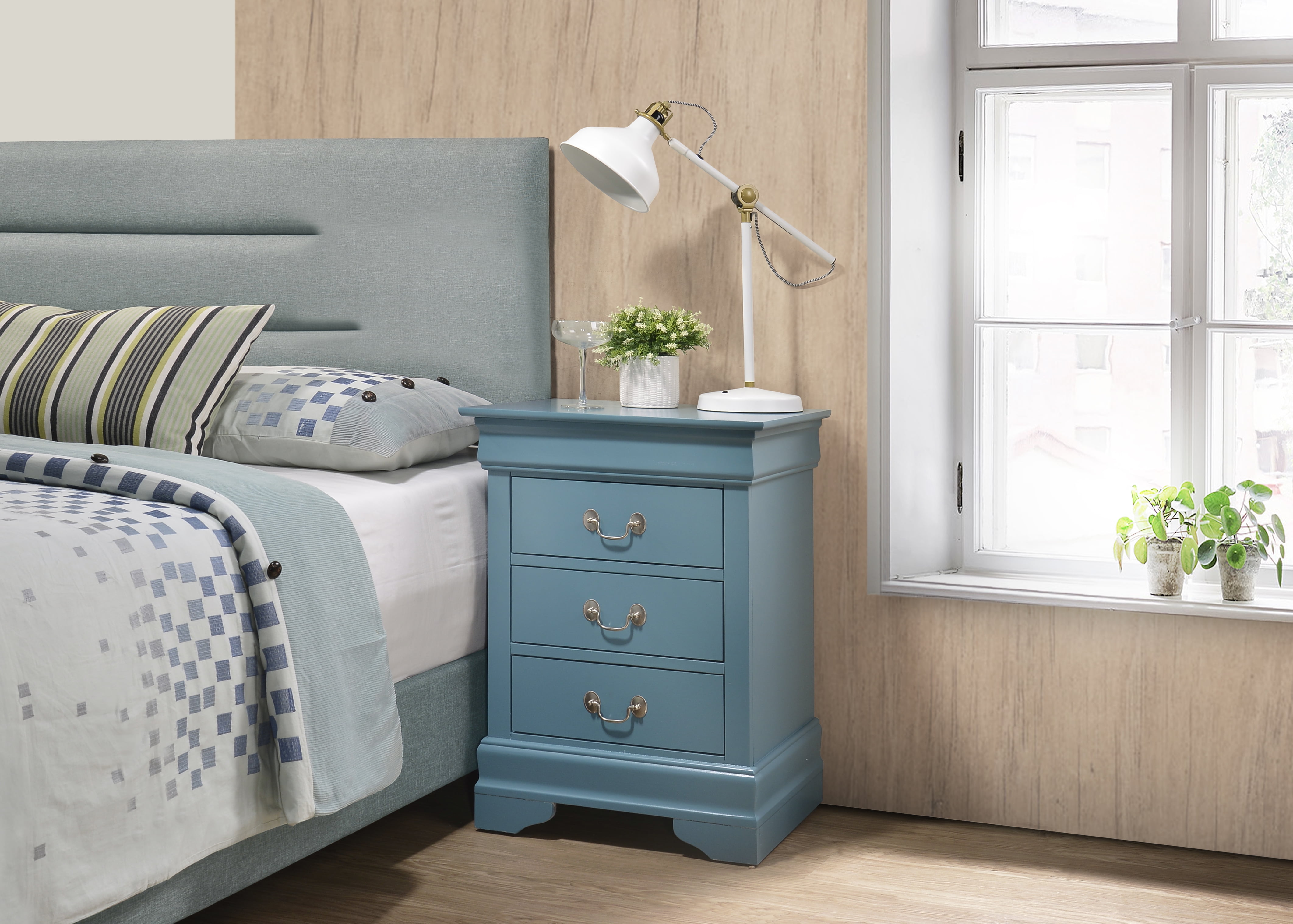 Transitional 3-Drawer Wood Nightstand with Metal Handles - Blue