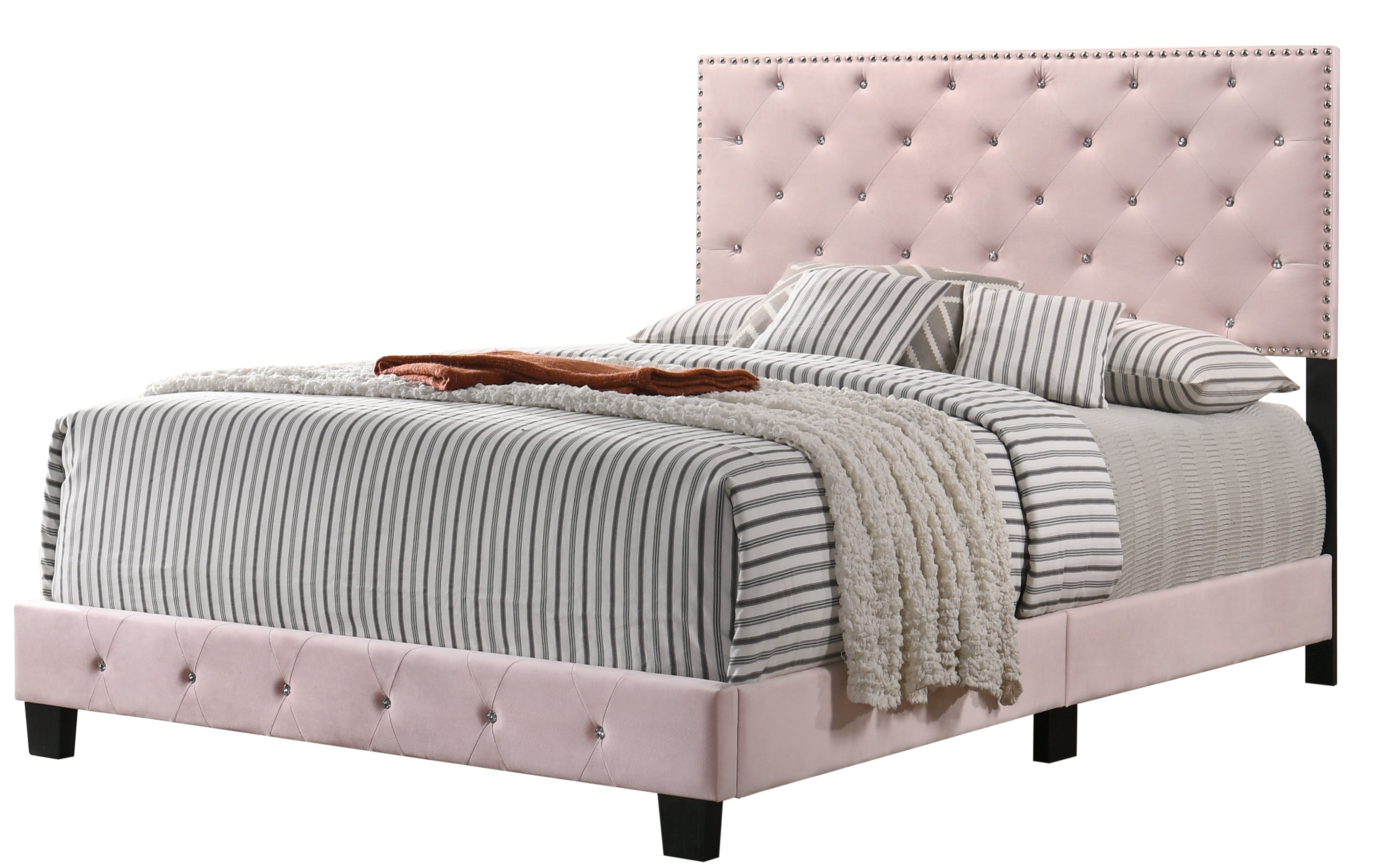 Pink Velvet Full Bed with Tufted Upholstered Headboard
