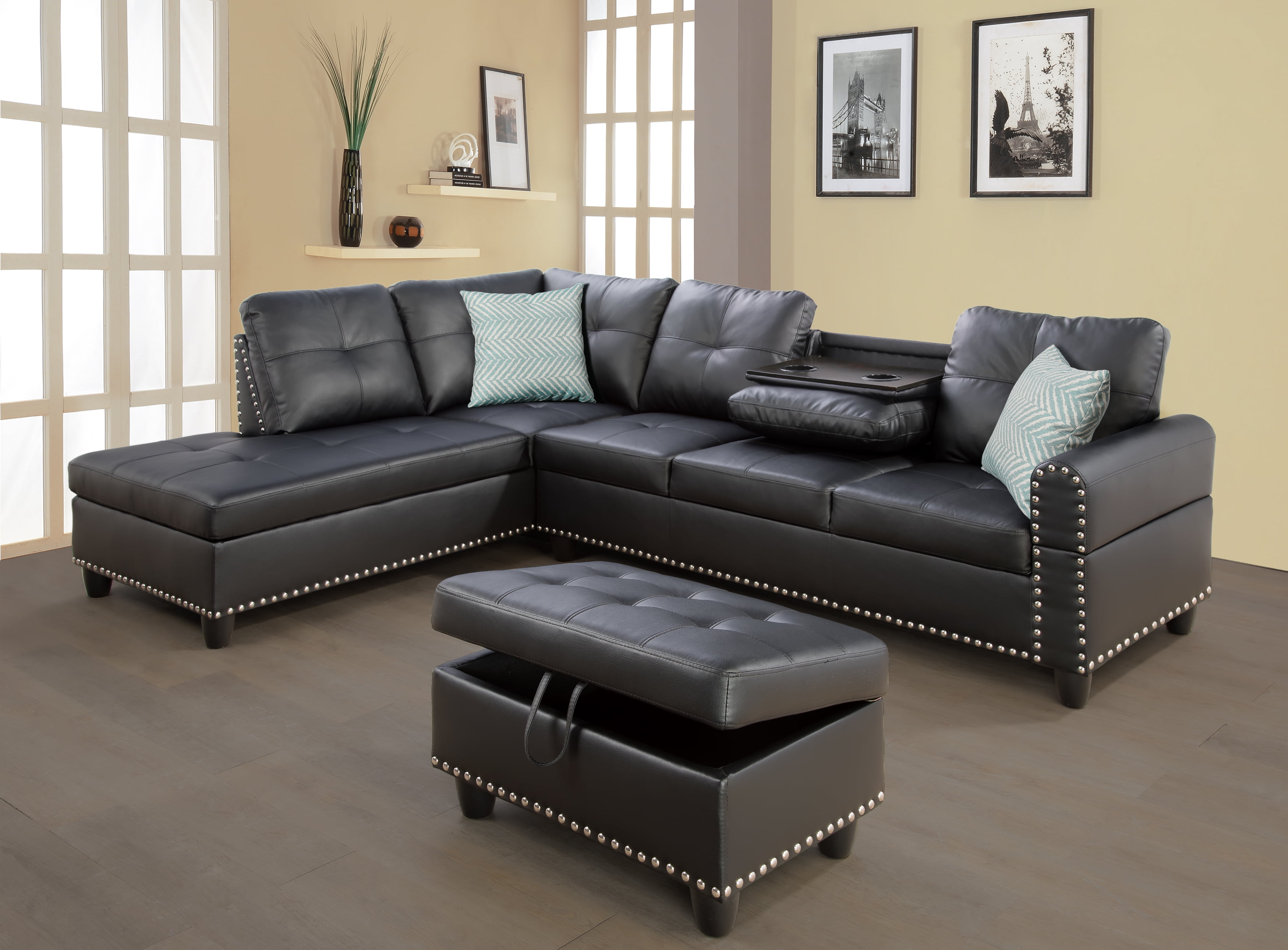 Black Tufted Faux Leather Sectional Sofa with Ottoman and Cup Holder