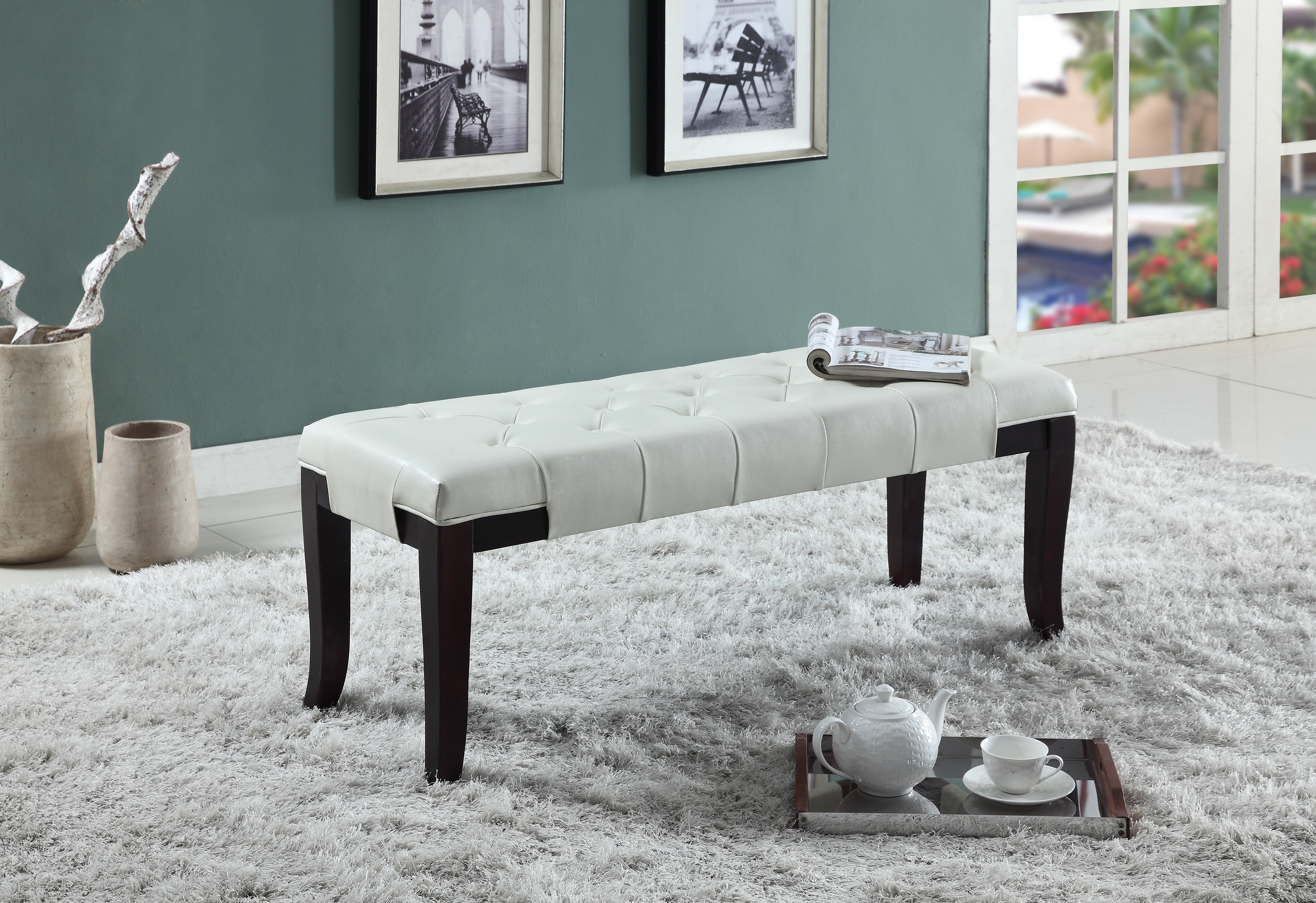 White Faux Leather Tufted Bench with Espresso Wood Frame
