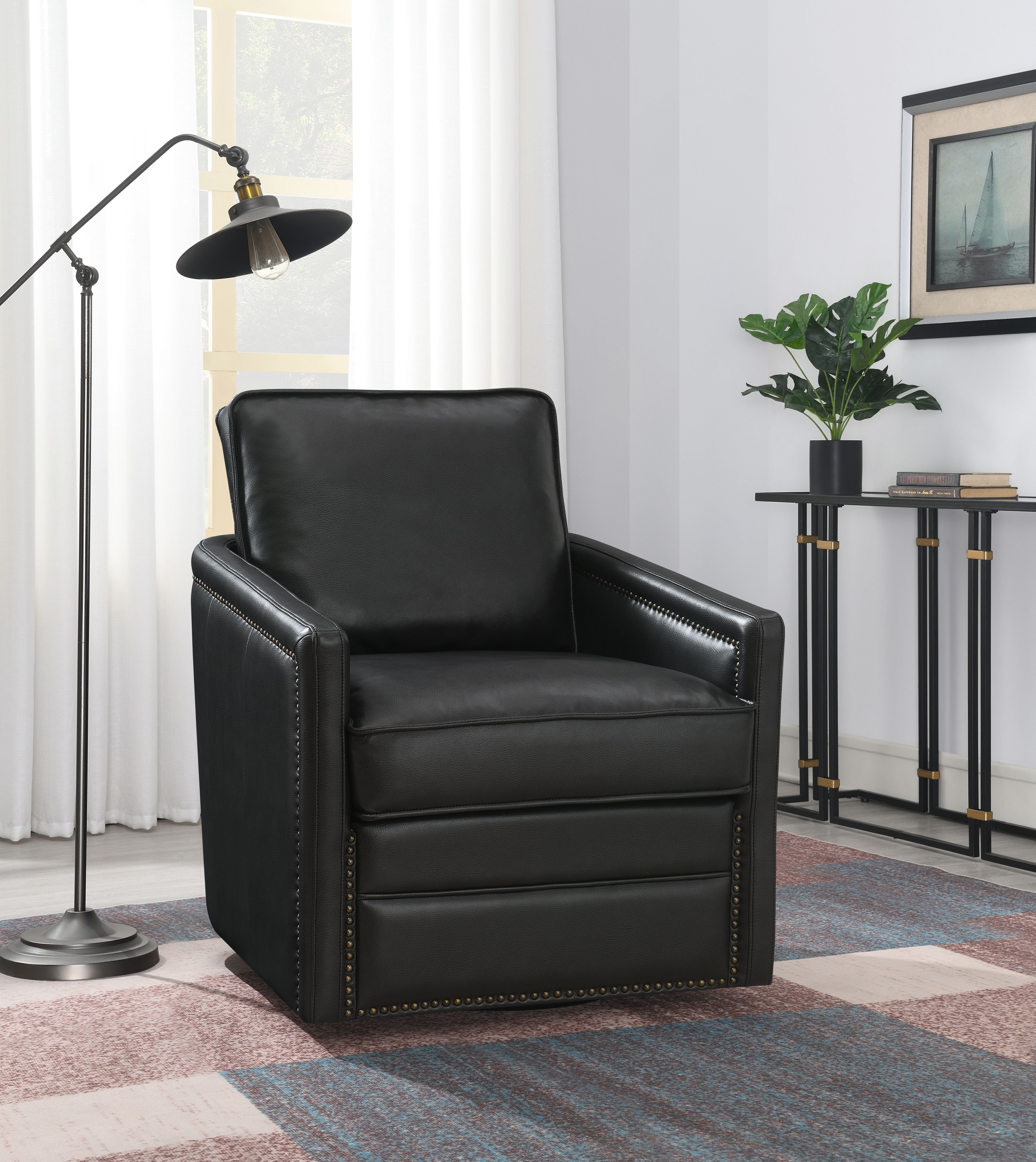 Rocha Black Leather Swivel Accent Chair with Nailhead Trim