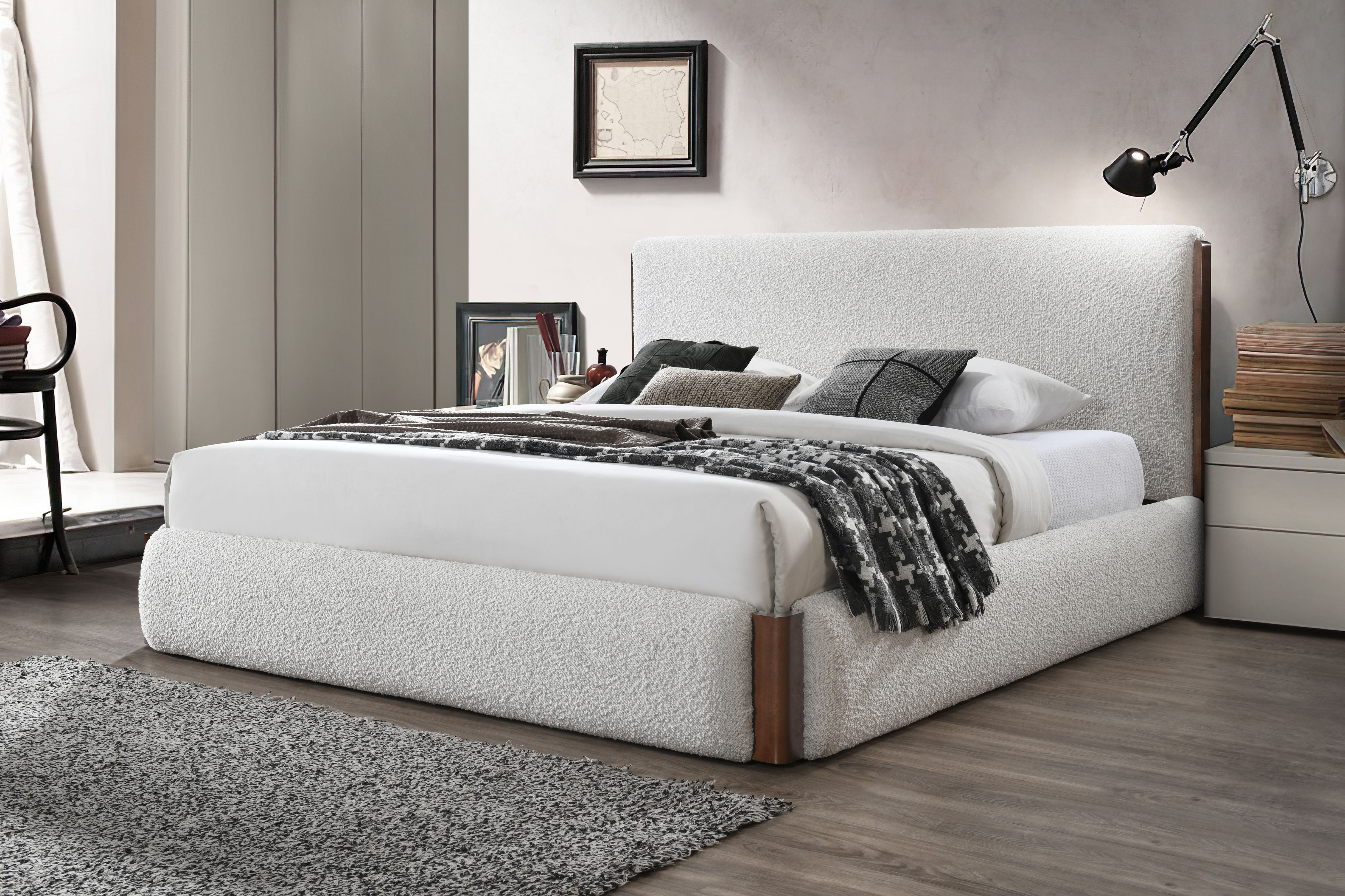 Sandro Queen Bed with White Boucle Upholstery and Walnut Frame