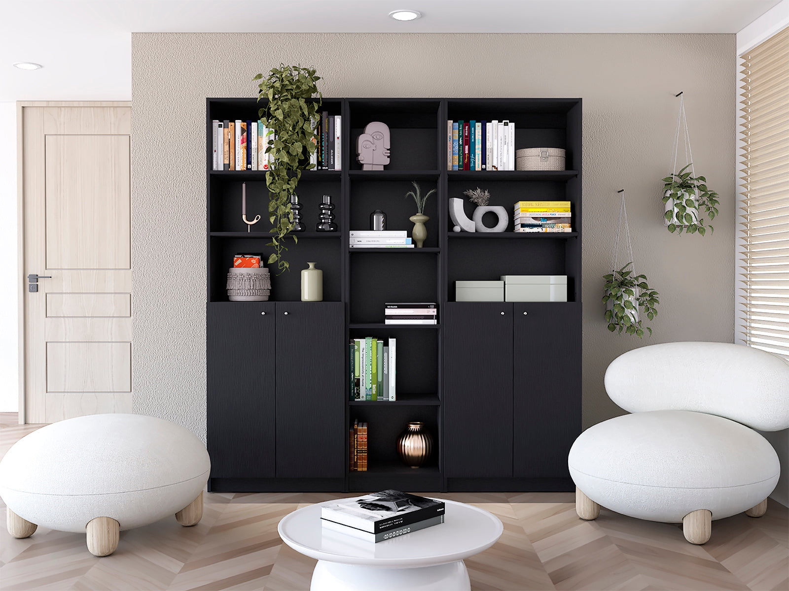 Sophia Black 3-Piece Living Room Set with Bookcases