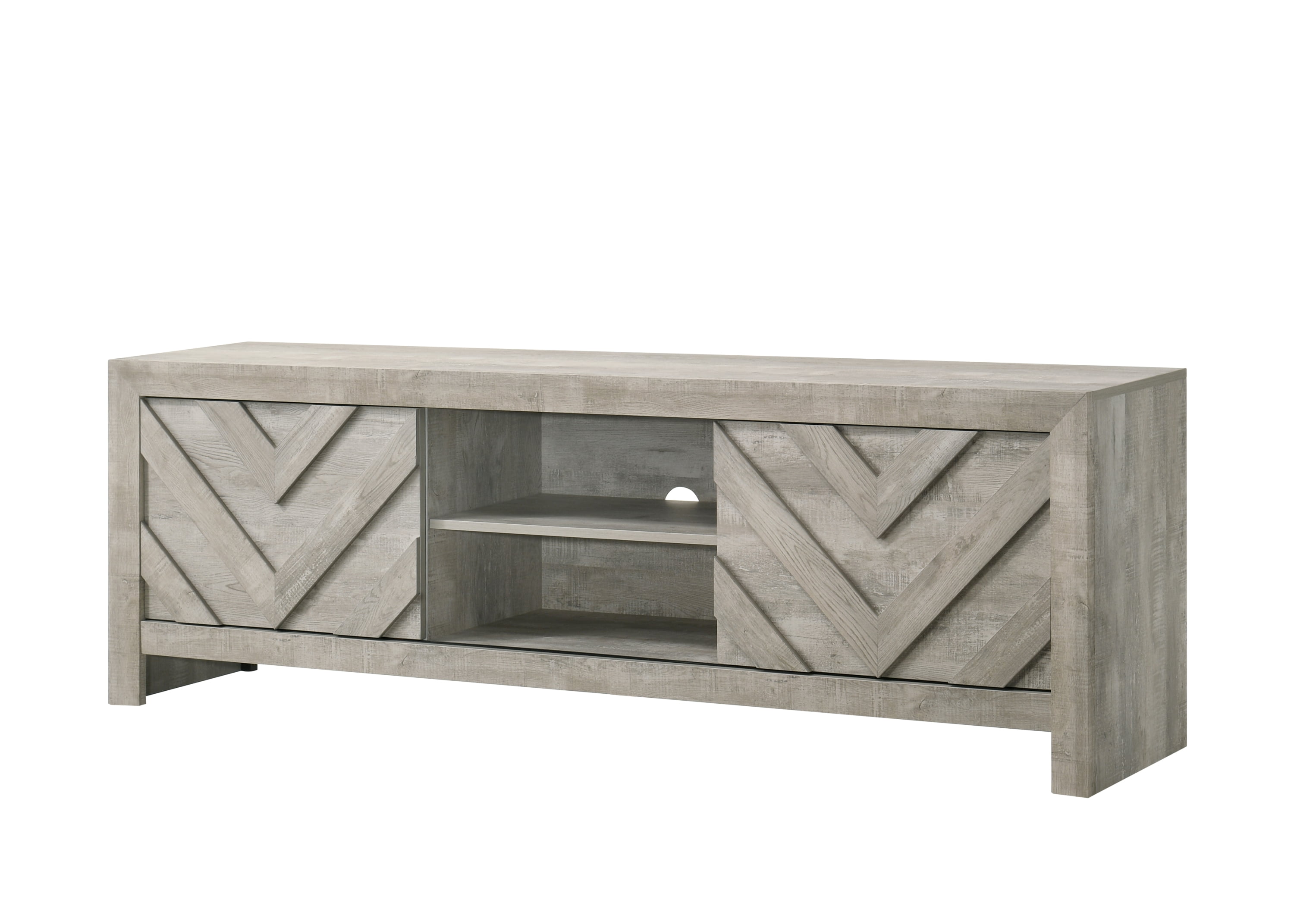 Antique White Chevron Pattern TV Stand with Sliding Doors