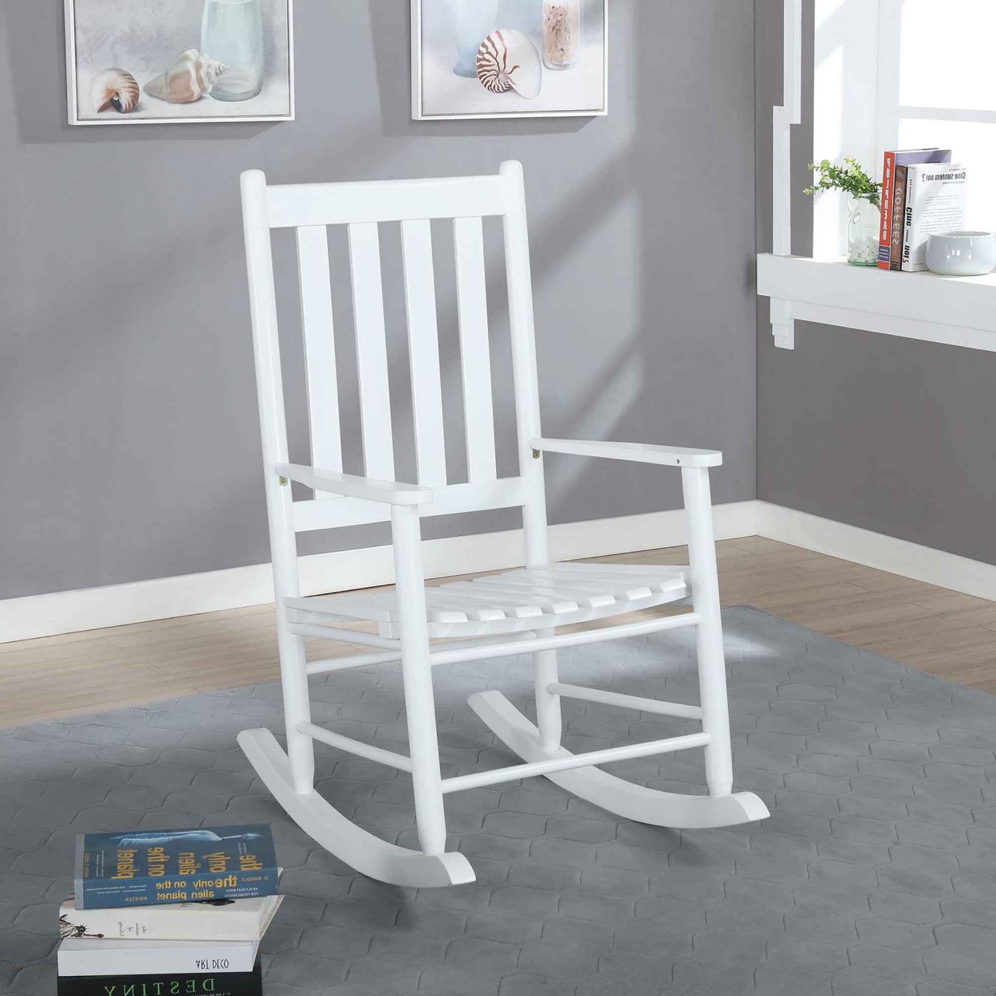 White Acacia Transitional Slat Back Rocking Chair