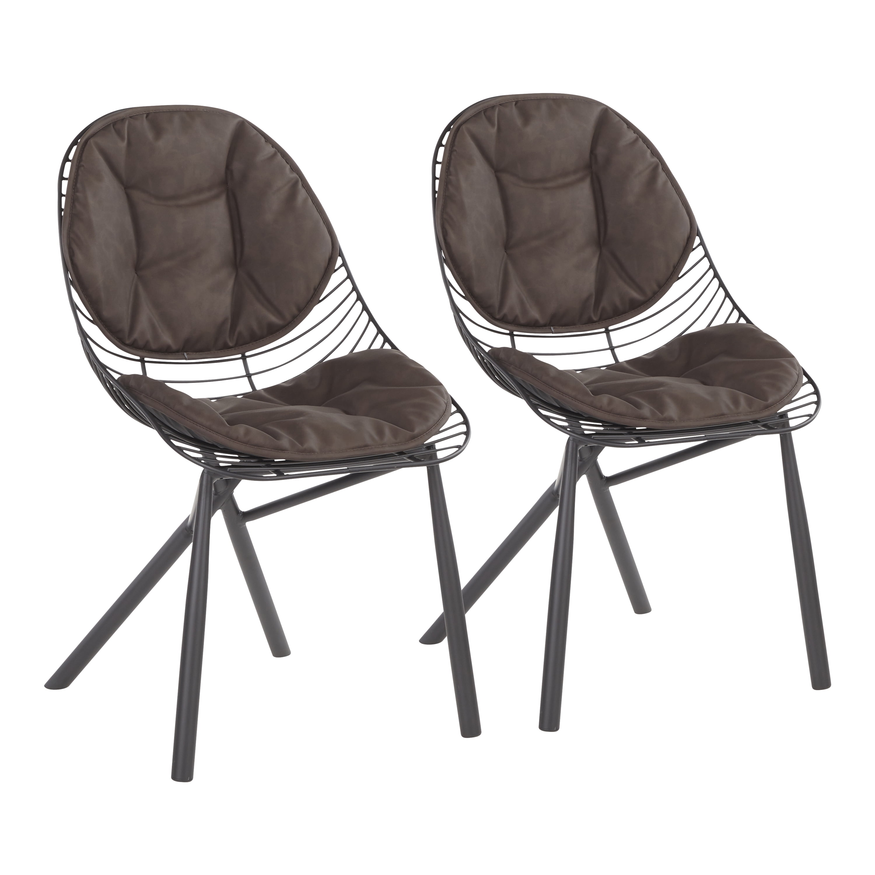 Set of 2 Espresso Faux Leather and Black Metal Curved Dining Chairs
