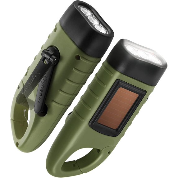 GeeRic 2-Pack Hand Crank Solar Powered Flashlight, Emergency Rechargeable LED Flashlight, Survival Flashlight, Quick Snap Carabiner Dynamo Flashlight Torch for Outdoor Sports, Green+Green