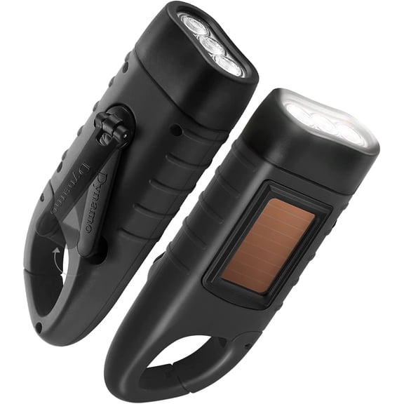 GeeRic 2-Pack Hand Crank Solar Powered Flashlight, Emergency Rechargeable LED Flashlight, Survival Flashlight, Quick Snap Carabiner Dynamo Flashlight Torch for Outdoor Sports, Black+Black