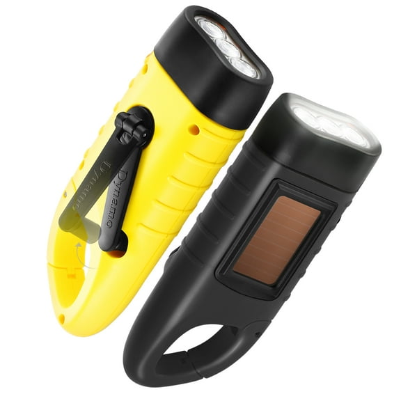 GeeRic 2-Pack Hand Crank Solar Powered Flashlight, Emergency Rechargeable LED Flashlight, Survival Flashlight, Quick Snap Carabiner Dynamo Flashlight Torch for Outdoor Sports, Yellow+Black