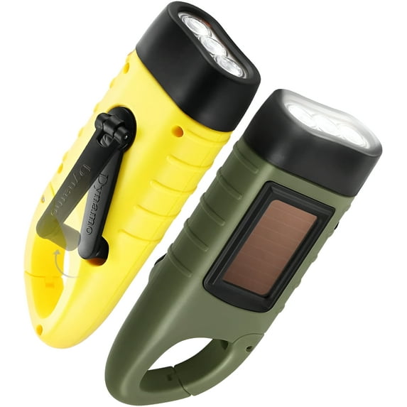 GeeRic 2-Pack Hand Crank Solar Powered Flashlight, Emergency Rechargeable LED Flashlight, Survival Flashlight, Quick Snap Carabiner Dynamo Flashlight Torch for Outdoor Sports, Yellow+Green