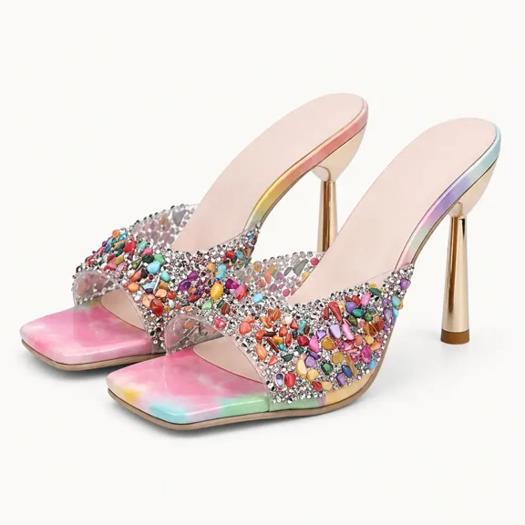 GeeYea women’s Colorful Rhinestone Mule Heels, Square Toe High Heel Slide Sandals with Mesh Upper, Open Toe Dress Shoes, Synthetic Leather Lining & Rubber Sole for Party