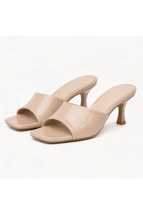 women’s Nude Patent Mule Heels, Open Toe Slip-On Sandals with High Heel, PU Upper & PVC Sole, Elegant Shoes for Date Night, Party, Vacation & Spring Summer Outfits
