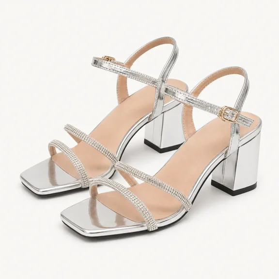 GeeYea women’s Silver Rhinestone Block Heel Sandals, Square Toe Open Toe High Heels with Adjustable Ankle Strap