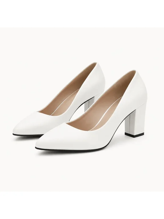women’s White Block Heel Pumps, Pointed Toe Closed Toe Dress Heels with PU Upper & PVC Sole, Elegant Office, Date Night, Party & Spring Summer Shoes