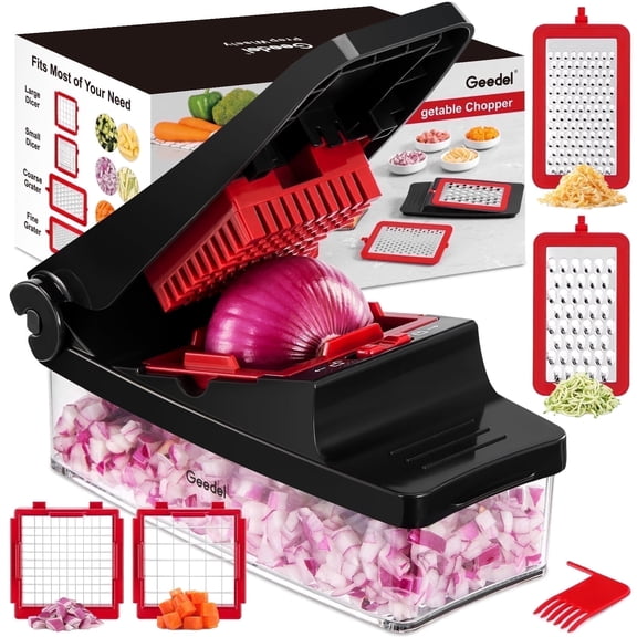Geedel Vegetable Cutter, Onion Cutter Pro Food Chopper, Kitchen Vegetable Slicer Dicer Cutter Grater, Veggie Chopper with container for Salad Onion Potato Carrot (4 in 1, Red)