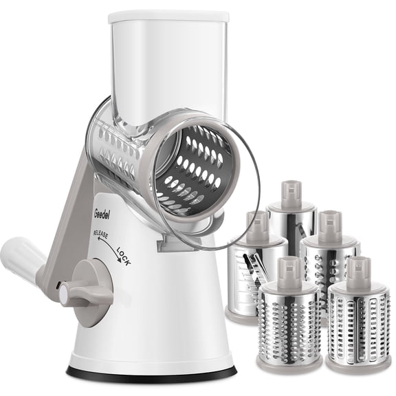 Geedel Rotary Cheese Grater Cheese Shredder with 5 Interchangeable Blades - Upgraded Rotary Grater Featuring Strong Suction Base for Cheese Shredding, Wavy Slicing, Nut Grinding, and Ice Shaving