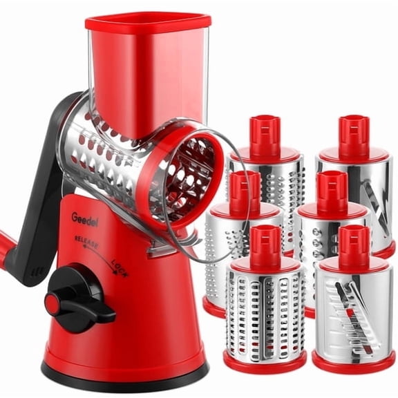 Geedel Rotary Cheese Grater Cheese Shredder with 6 Interchangeable Blades - Upgraded Rotary Grater Featuring Strong Suction Base for Cheese Shredding, Wavy Slicing, Nut Grinding, and Ice Shaving