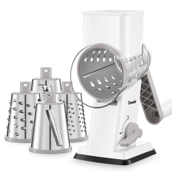 Geedel Rotary Cheese Grater - Upgraded Vegetable Shredder with 4 Interchangeable Blades, Easy to Clean, Kitchen Grater Nuts Grinder for Cutting Cheese, Vegetable, Nuts