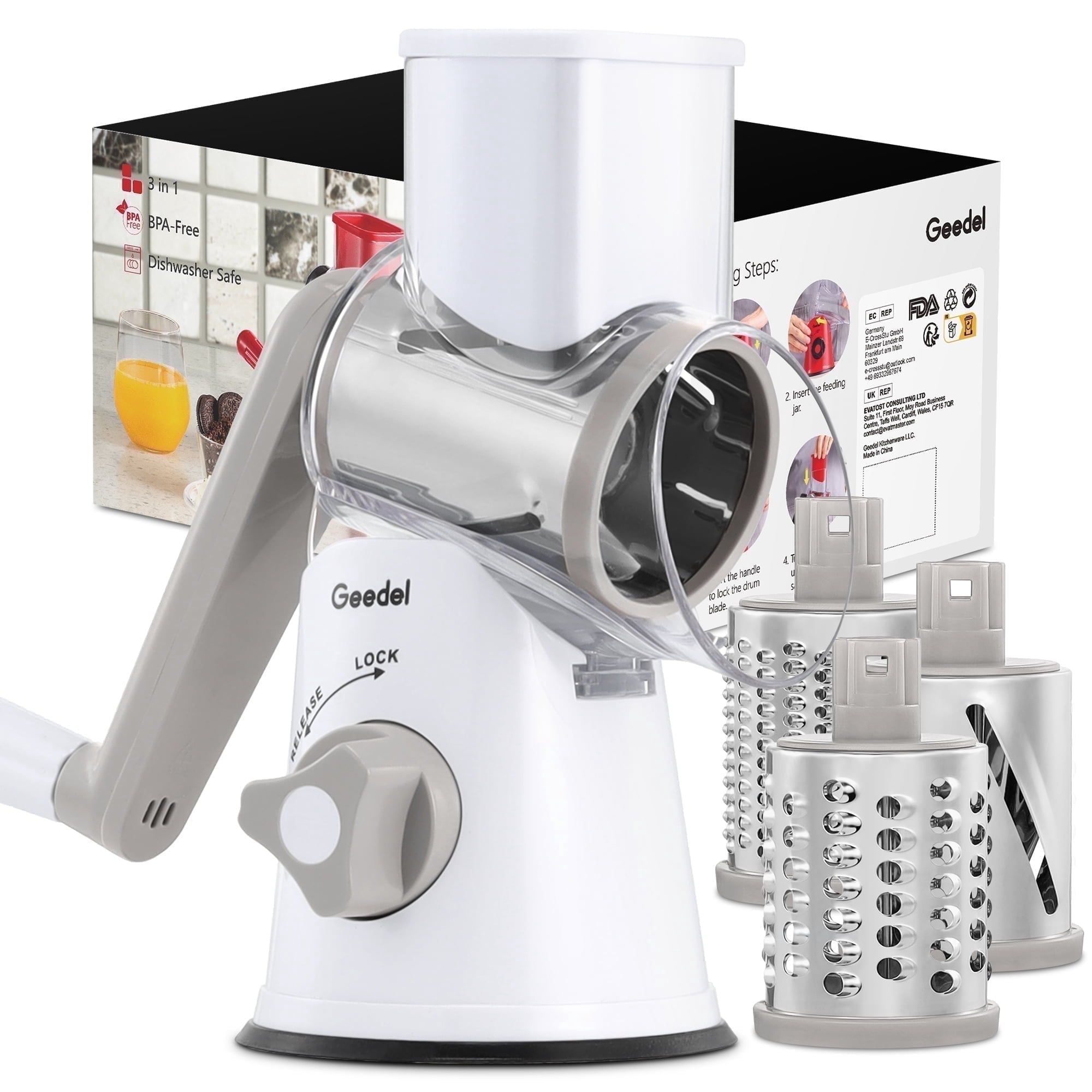 Geedel Rotary Cheese Grater, Kitchen Grater Vegetable Slicer with 3 Interchangeable Blades, Powerful Suction, Dishwasher Safe, Easy to Clean Grater for Vegetable, Fruit, Nuts