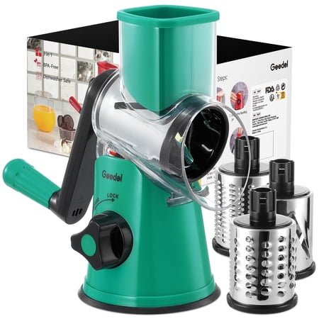 Geedel Rotary Cheese Grater, Kitchen Grater Vegetable Slicer with 3 Interchangeable Blades, Powerful Suction, Dishwasher Safe, Easy to Clean Grater for Cheese,Vegetable, Fruit, Nuts