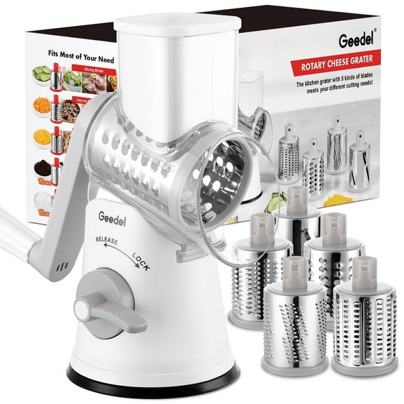 Geedel Rotary Cheese Grater, Kitchen Grater Vegetable Slicer with 5 Interchangeable Blades, Powerful Suction, Dishwasher Safe, Easy to Clean Grater for Vegetable, Fruit, Nuts, Gray