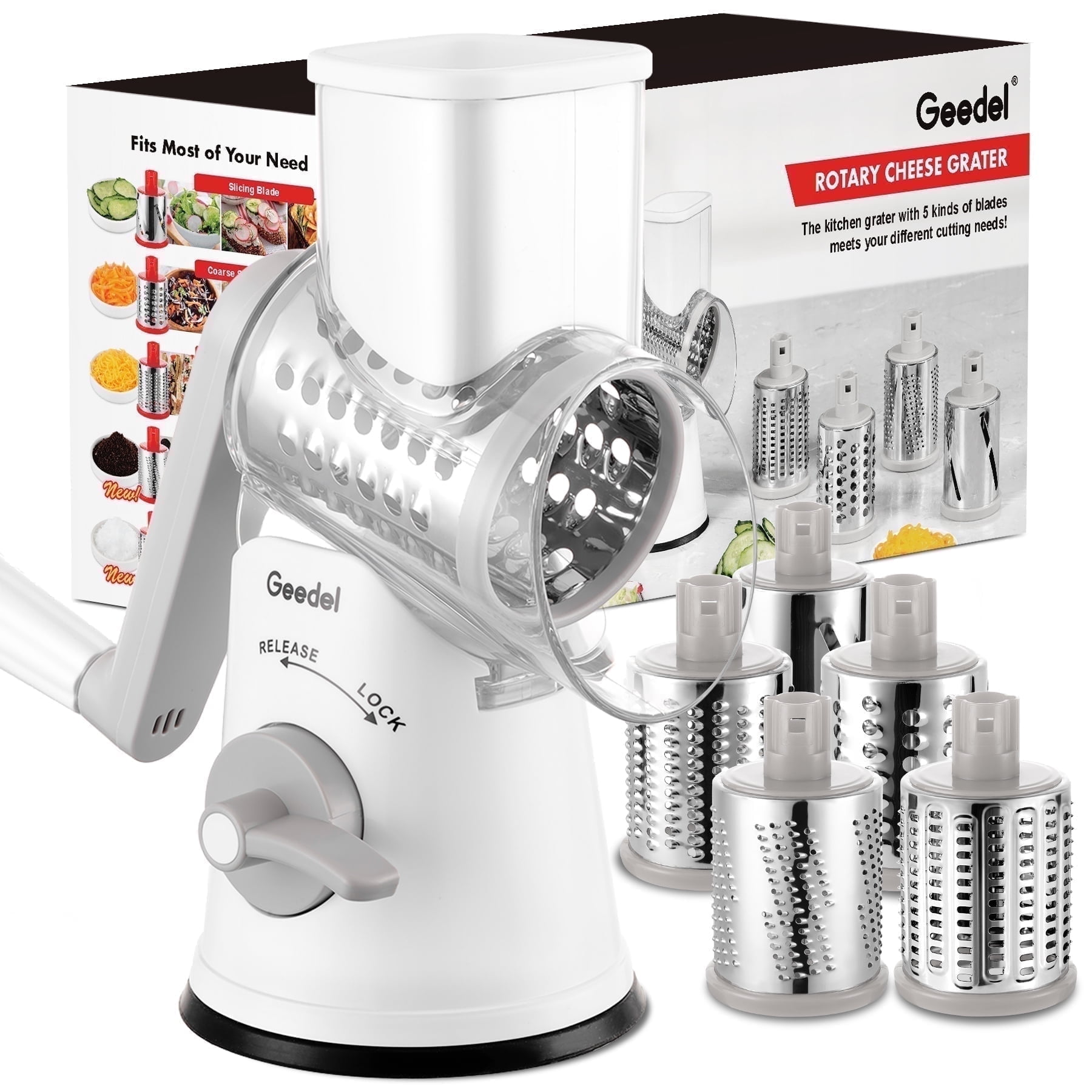 Geedel Rotary Cheese Grater, Kitchen Grater Vegetable Slicer with 5 Interchangeable Blades, Powerful Suction, Dishwasher Safe, Easy to Clean Grater for Vegetable, Fruit, Nuts, Gray - Walmart.com