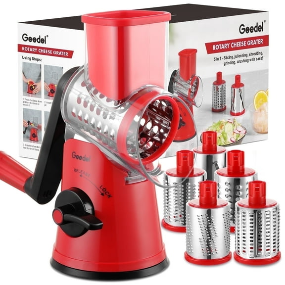Geedel Rotary Cheese Grater, Easy to Use Kitchen Slicer with Powerful Suction, Dishwasher Safe, Easy to Clean Grater for Cheese,Vegetable, Fruit, Nuts, 5 Blades, Red