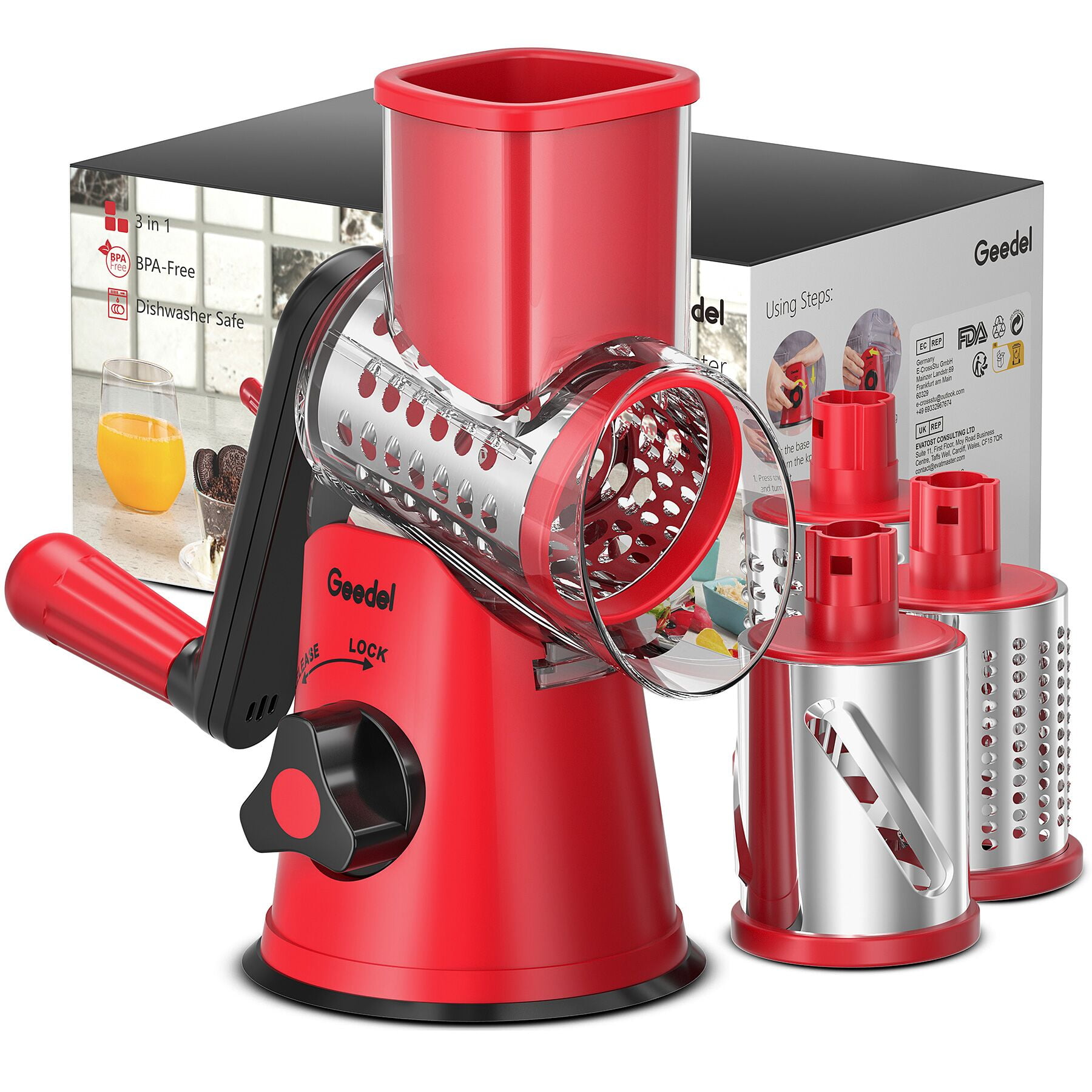 Geedel Rotary Cheese Grater, Kitchen Grater Vegetable Slicer with 3 Interchangeable Blades