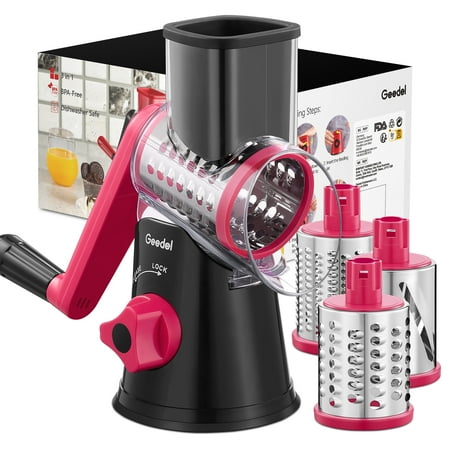 Geedel Rotary Cheese Grater, Kitchen Grater Vegetable Slicer with 3 Interchangeable Blades, Powerful Suction, Dishwasher Safe, Easy to Clean Grater for Cheese,Vegetable, Fruit, Nuts