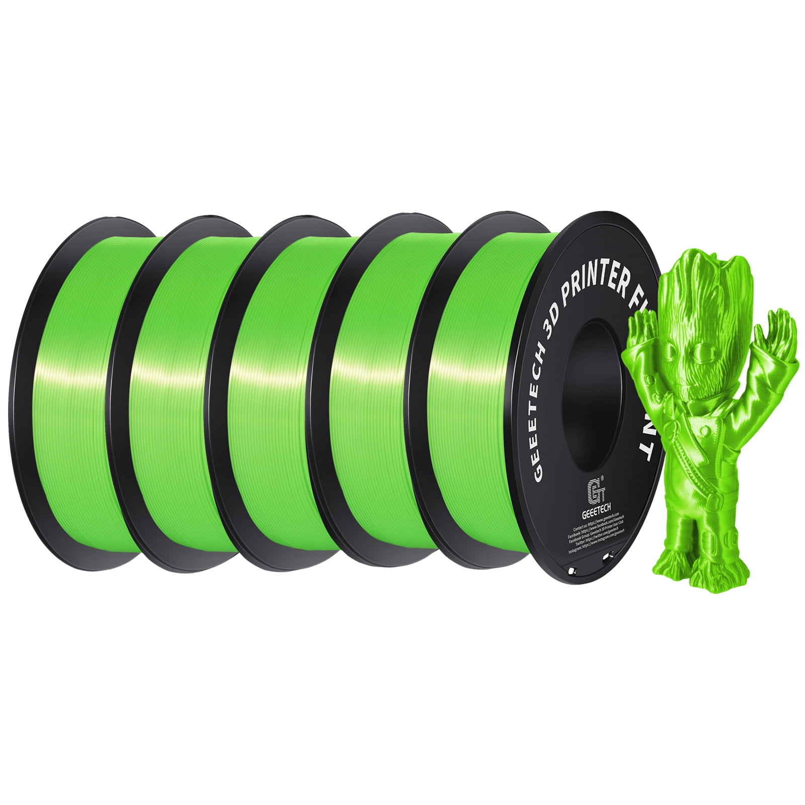 Geeetech 5pcs Silk Green 3D Printer PLA Filament 5KG（11ibs） Toughness Enhanced Filament with 1.75mm Dimensional Accuracy +/-0.03mm, 1080 Feet per Roll, Vacuum Packaging