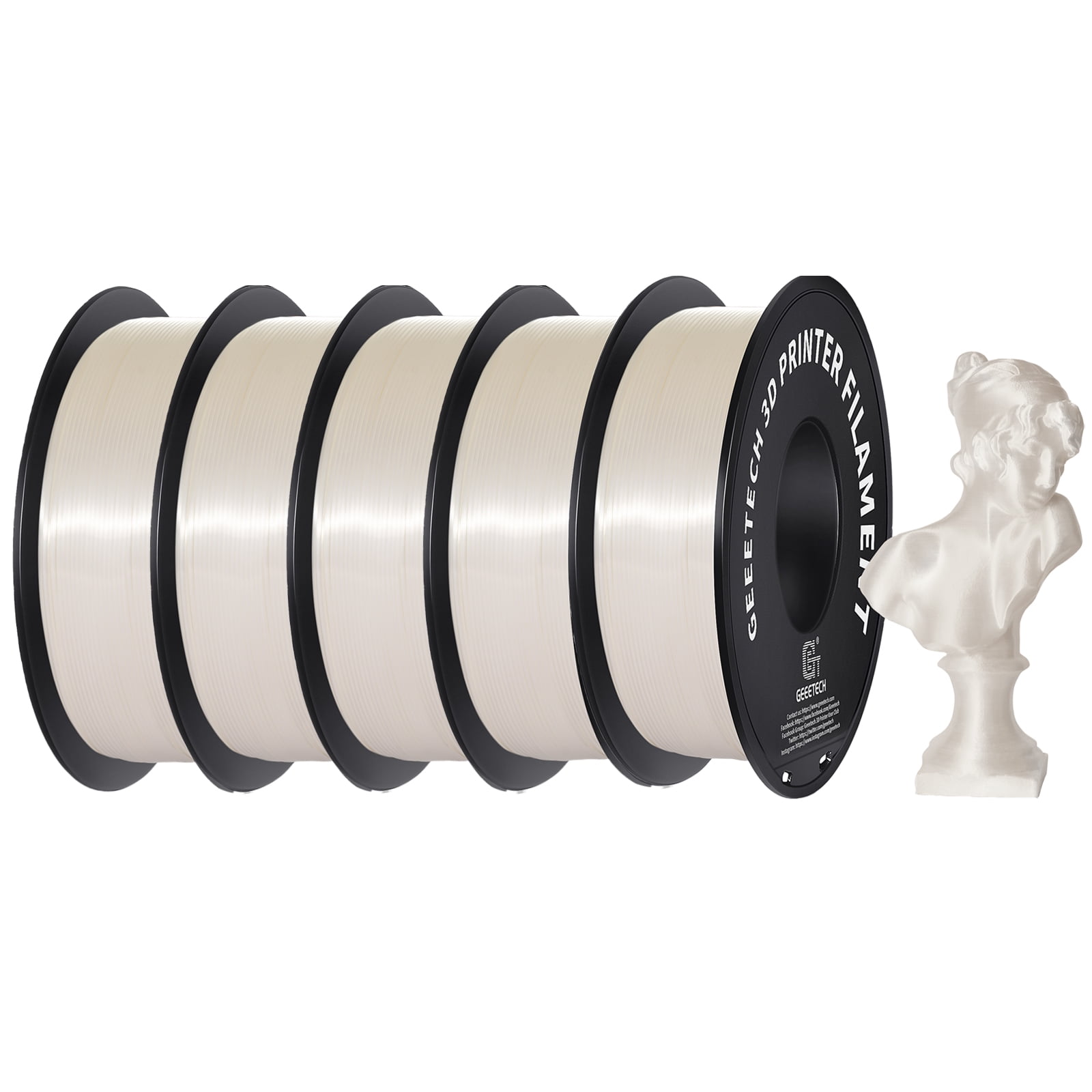 Geeetech 5pcs Silk wihte 3D Printer PLA Filament 5KG（11ibs） Toughness Enhanced Filament with 1.75mm Dimensional Accuracy +/-0.03mm, 1080 Feet per Roll, Vacuum Packaging
