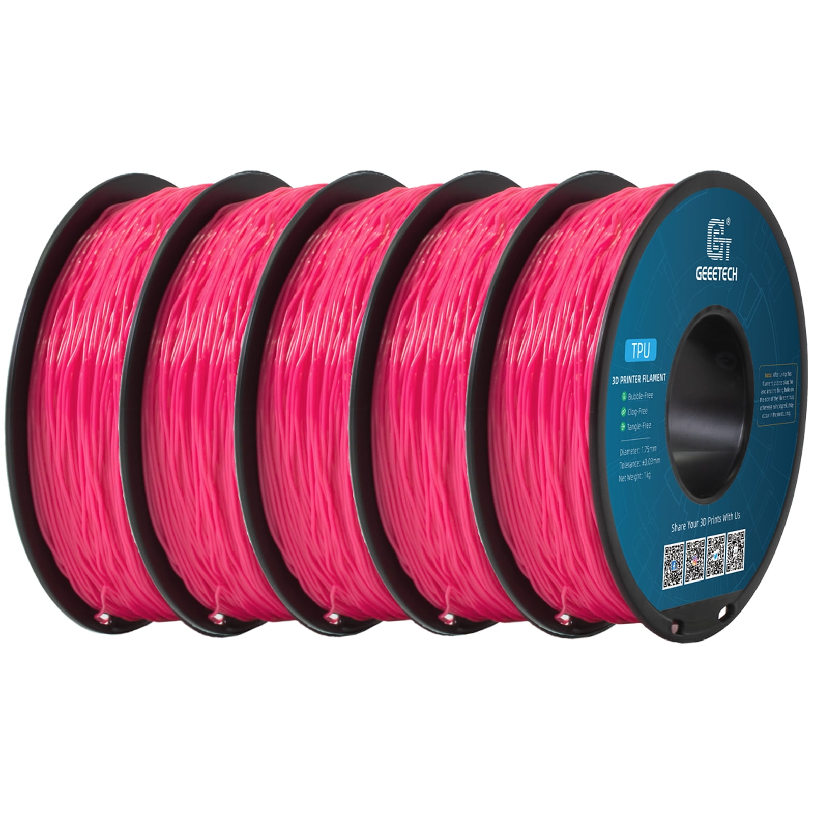 Geeetech 5pcs TPU Filament 1.75mm, Flexible 3D Printer Filament Roll, 5kg（11ibs） Spool, Dimensional Accuracy +/- 0.03 mm, Fit Most FDM Printer (TPU pink)