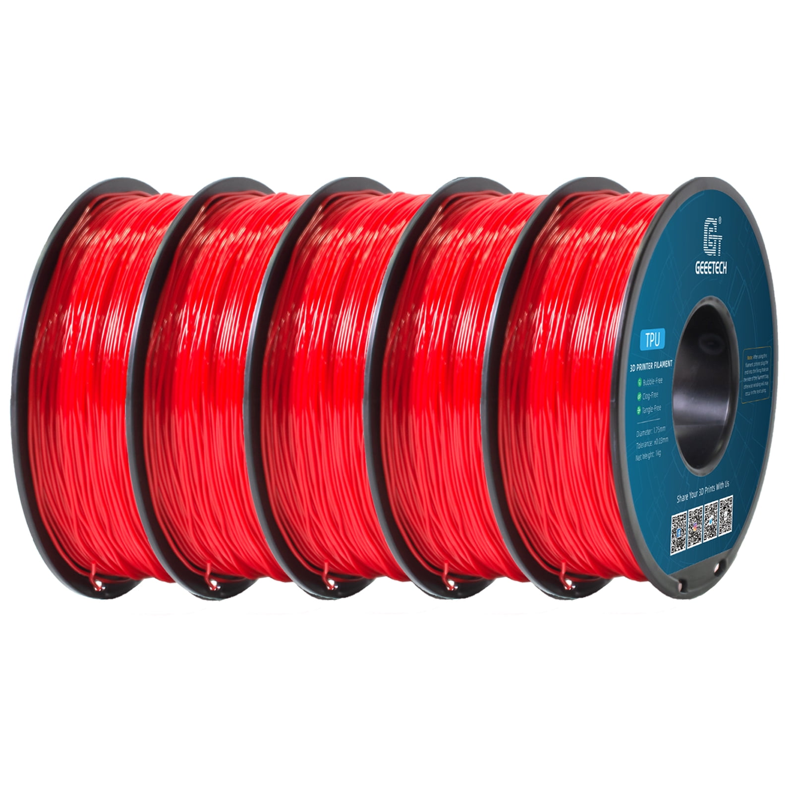 Geeetech 5pcs TPU Filament 1.75mm, Flexible 3D Printer Filament Roll, 5kg（11ibs） Spool, Dimensional Accuracy +/- 0.03 mm, Fit Most FDM Printer (TPU red)