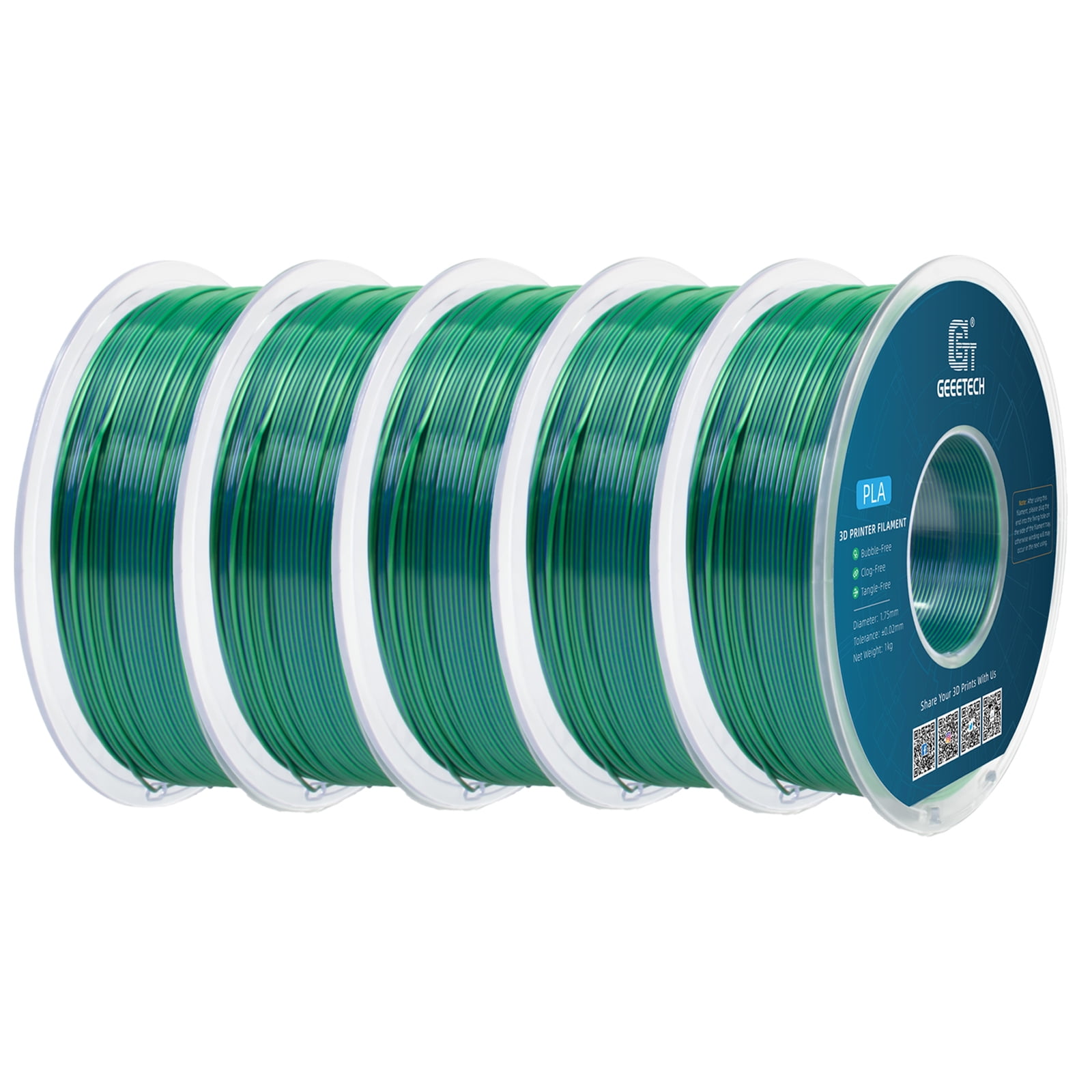 Geeetech 5pcs anti-pulling type 3D Printer PLA Filament 5KG（11ibs） Toughness Enhanced Filament with 1.75mm Dimensional Accuracy +/-0.03mm, Vacuum Packaging Two-tone blue and green