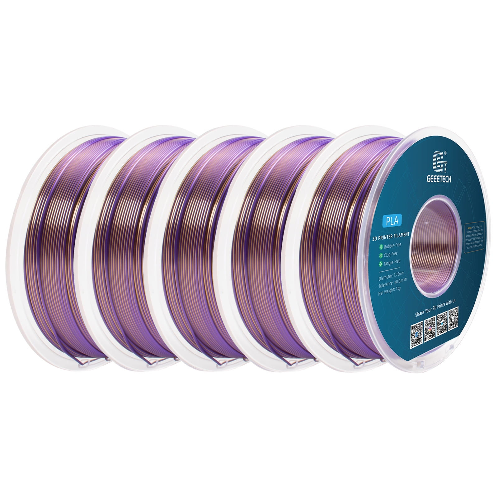 Geeetech 5pcs anti-pulling type 3D Printer PLA Filament 5KG（11ibs） Toughness Enhanced Filament with 1.75mm Dimensional Accuracy +/-0.03mm, Vacuum Packaging Two-tone purple and gold
