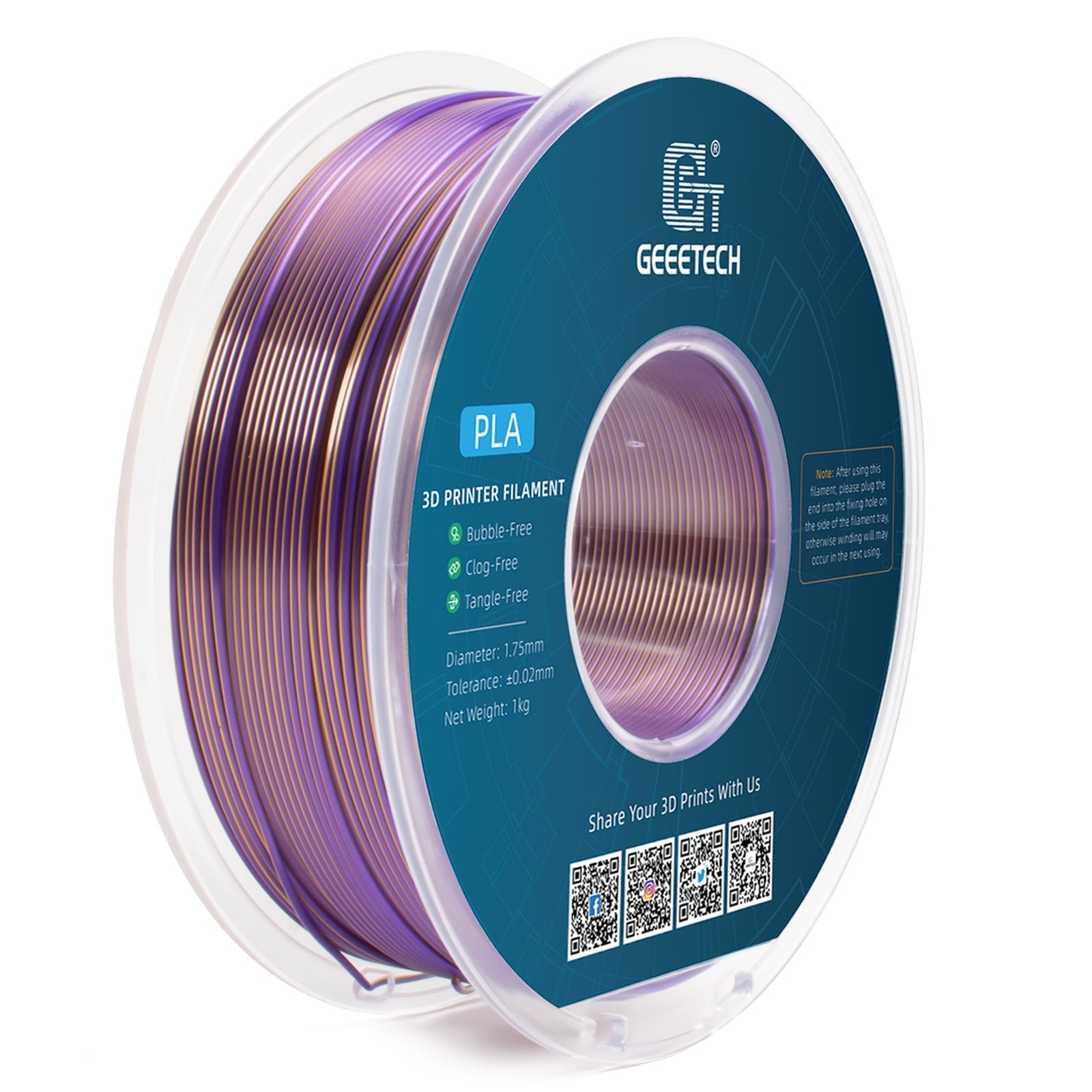 Geeetech Anti-silk type 3D Printer PLA Filament 1KG Toughness Enhanced Filament with 1.75mm Dimensional Accuracy +/-0.03mm, 1080 Feet per Roll, Vacuum Packaging Two-color gold and purple