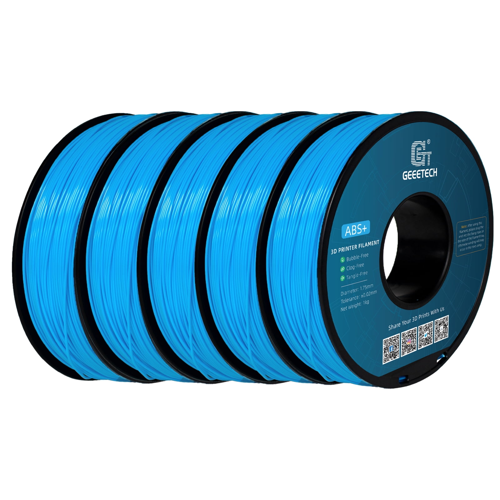 Geeetech neatly wound lake blue ABS filament 1.75mm 3D printer filament 1kg (2.2lbs), dimensional accuracy +/- 0.03 mm, suitable for most FDM 3D printers（5pcs）