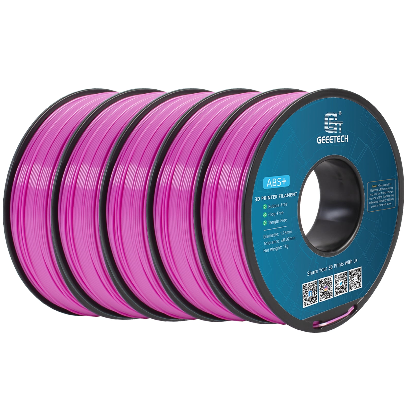 Geeetech neatly wound pink ABS filament 1.75mm 3D printer filament 1kg (2.2lbs), dimensional accuracy +/- 0.03 mm, suitable for most FDM 3D printers（5pcs）
