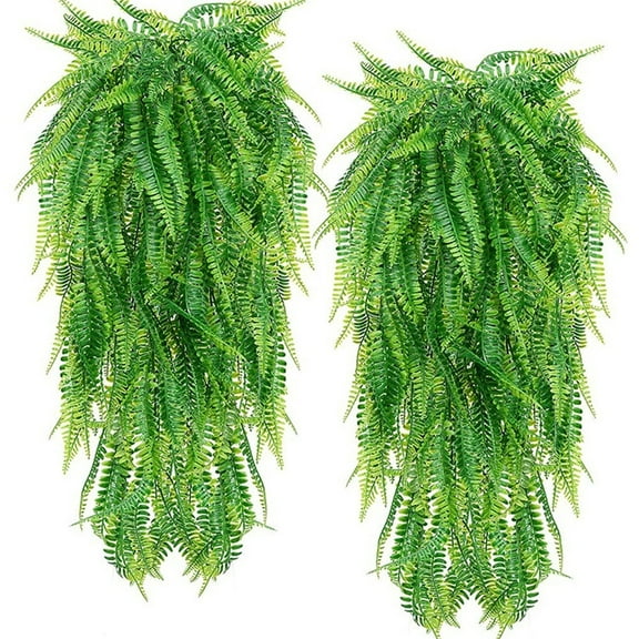 Geege 2Pcs Boston Ferns Artificial Persian Rattan Fake Hanging Plant Faux Greenary Vine Outdoor UV Resistant Plastic Plants for Wall, Wedding Party Decor,Green