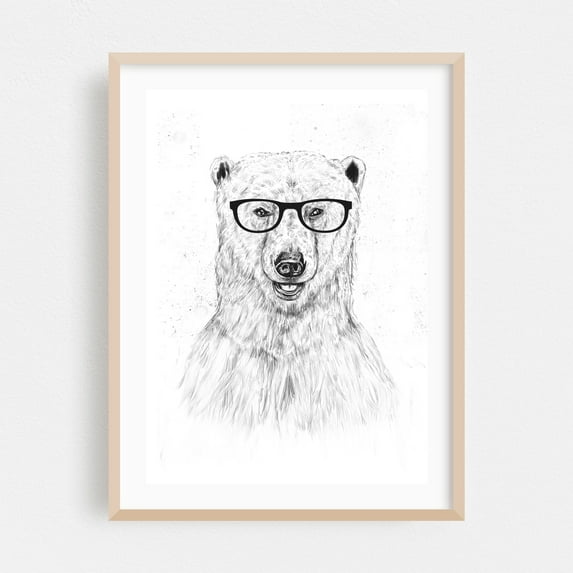 Geek Bear - Illustration Animal Humor Black and White Sketch Wildlife Whimsical Oak Framed Wall Art Print 18 x 24 inches