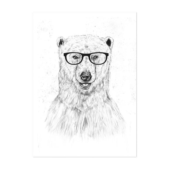 Geek Bear - Illustration Animal Humor Black and White Sketch Wildlife Whimsical Unframed Wall Art Print 5 x 7 inches
