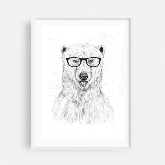 Geek Bear - Illustration Animal Humor Black and White Sketch Wildlife Whimsical White Framed Wall Art Print 9 x 12 inches