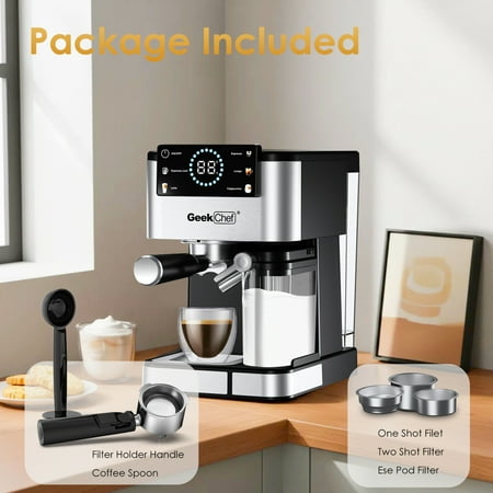 Geek Chef 20 Bar Espresso Machine Home Barista Coffee Maker with Automatic Milk Frother TouchScreen & Instant Heating Brews Cappuccino Latte Iced Coffee ESE POD Compatible
