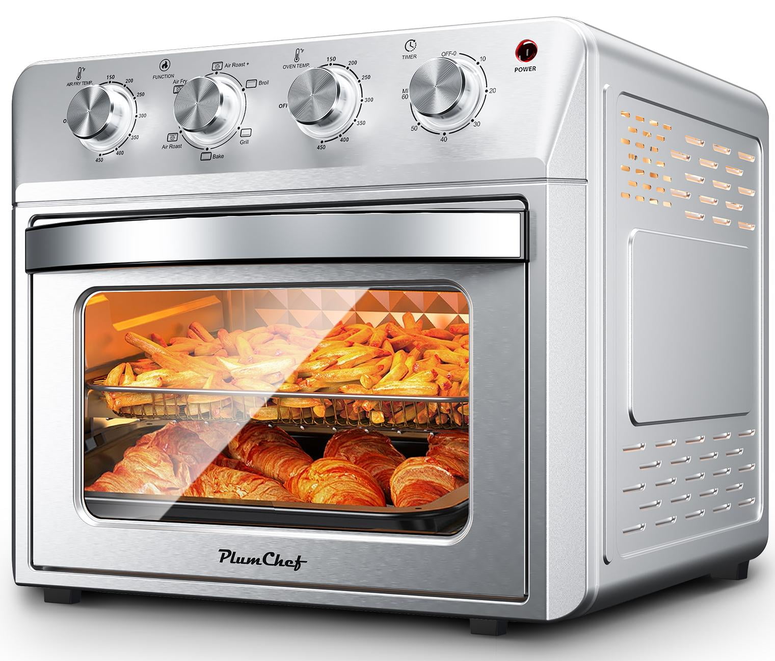 Plum Chef 27.5QT Air Fryer Toaster Oven Combo, Extra Large 7-in-1 Countertop Oven with Bake, Broil, Roast, Toast, Healthy Air Fry Function, 1600W, Digital Controls & 60-Min Timer, Silver