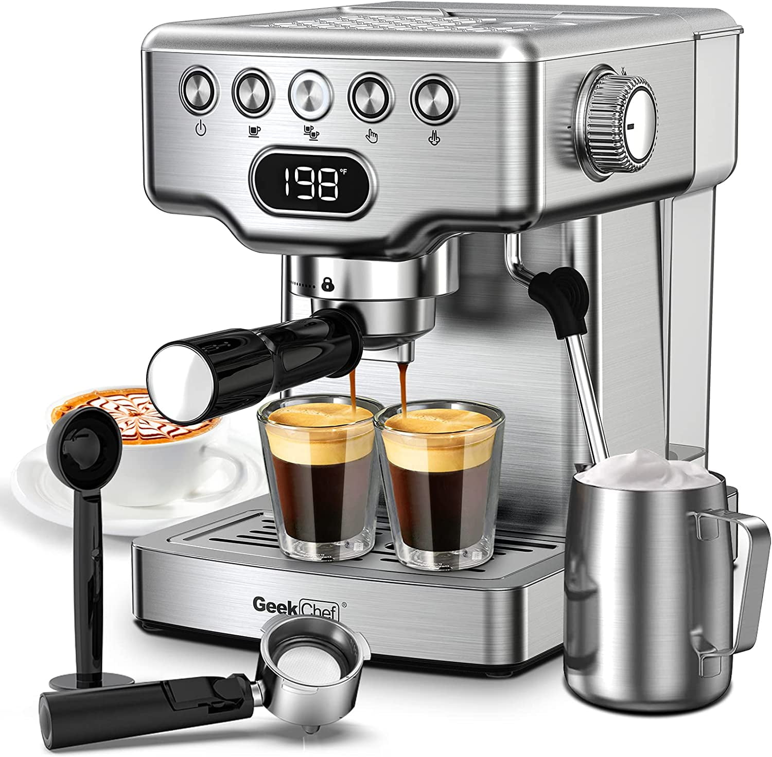 Geek Chef Espresso Machine, 20Bar Espresso Coffee Maker for Cappuccino, Latte, Americano & Cold Brew, with Automatic Milk Frother & Detachable Milk Reservoir, One-Touch Operation, Silver