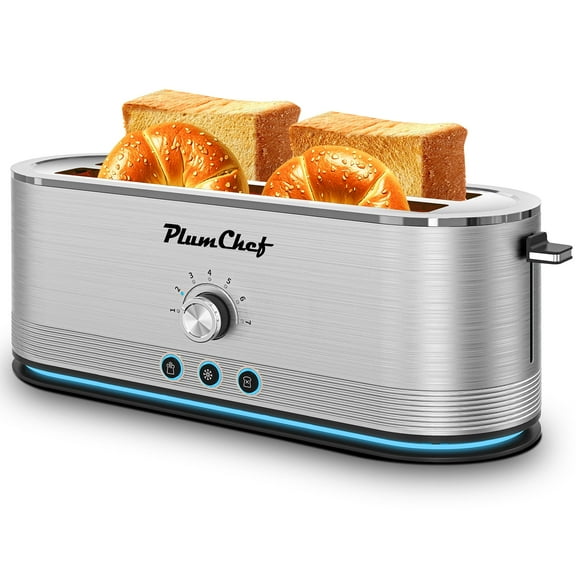 Plum Chef Toaster 4 Slice, Extra Long Slots 4 Slice Toaster, Reheat/Defrost/Cancel Function 6 Browning Settings Auto Pop-up Removable Crumb Tray, Stainless Steel, Silver