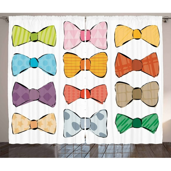 Geek Curtains 2 Panels Set, Hipster Fashion Elements Theme Colorful Pattern of Bowties with Watercolor Effect, Window Drapes for Living Room Bedroom, 108W X 63L Inches, Multicolor, by Ambesonne