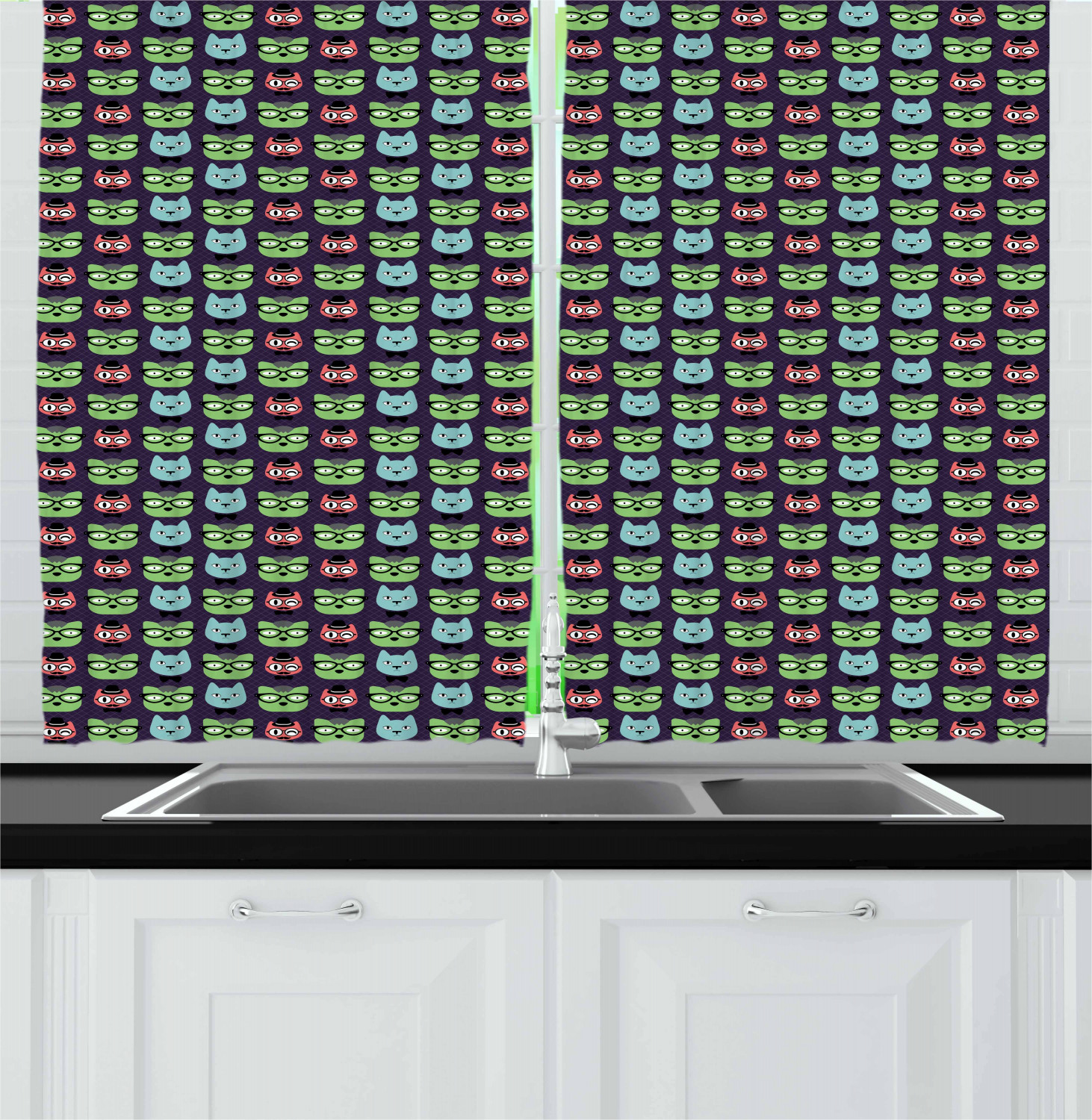 Geek Curtains 2 Panels Set, Various Cat Characters Wearing Geek Fashion Glasses and Hats Themed