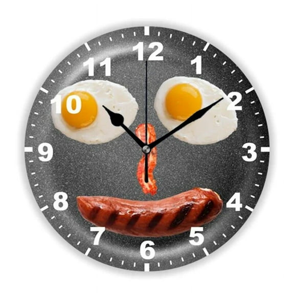 Geek Fried Eggs and Bacon Smiling Face Large Wall Clock for Kitchen Funny Breakfast Food Art Wall Watch Dining Room Accessories(10 Inch)