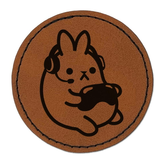 Geek Gamer Bunny Rabbit Playing Console Games 2.5" Faux Leather Round Engraved Iron-On Patch - Brown